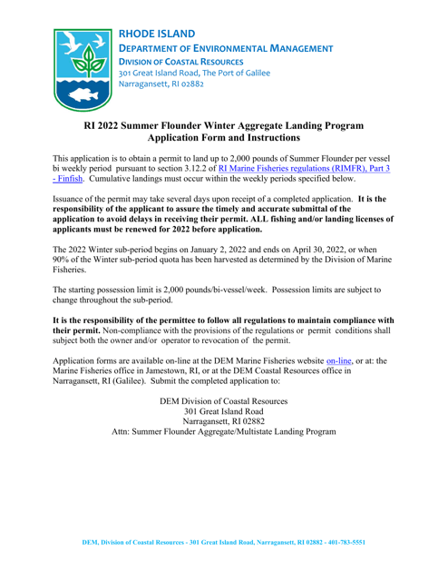 Summer Flounder Winter Aggregate Landing Program Application Form - Rhode Island Download Pdf