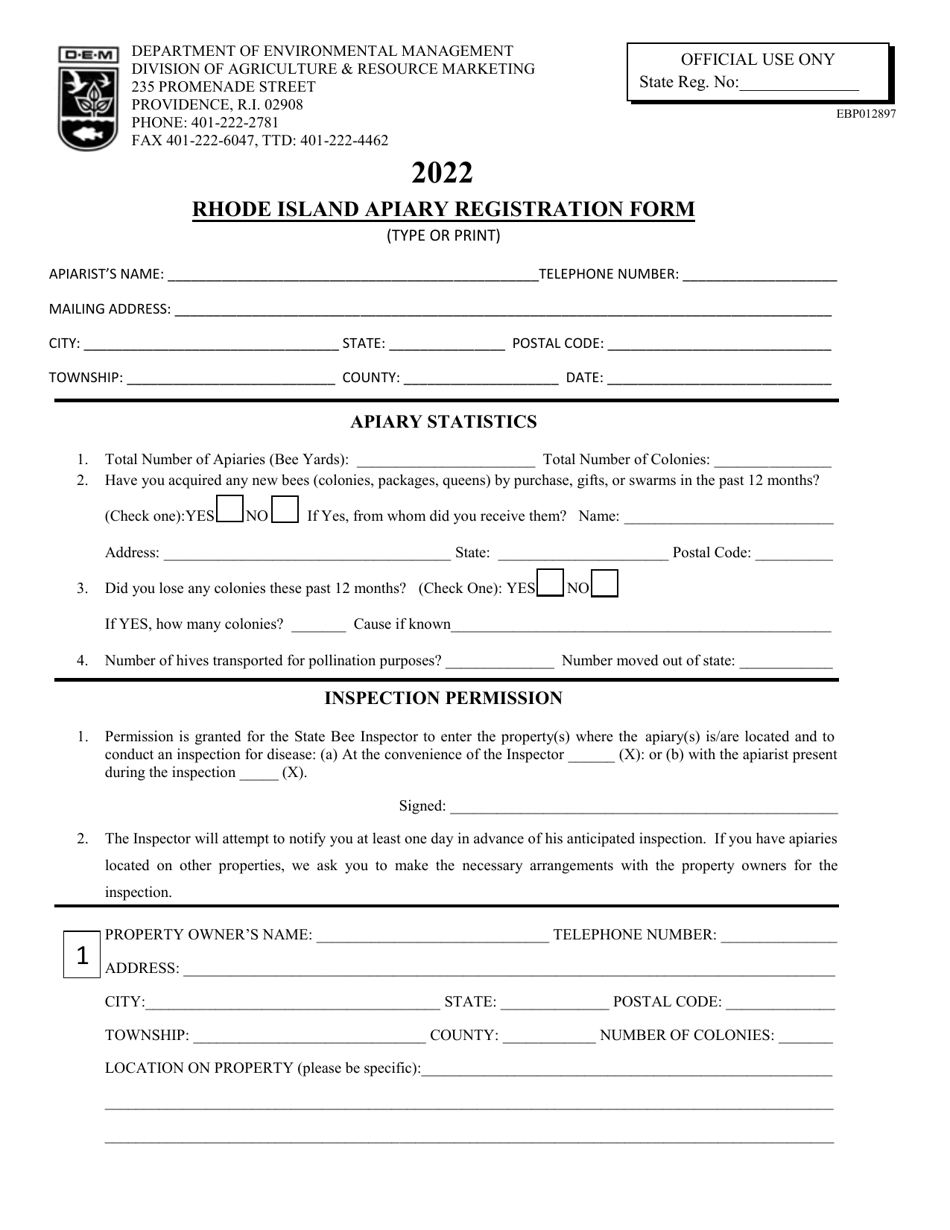 Rhode Island Apiary Registration Form - Rhode Island, Page 1