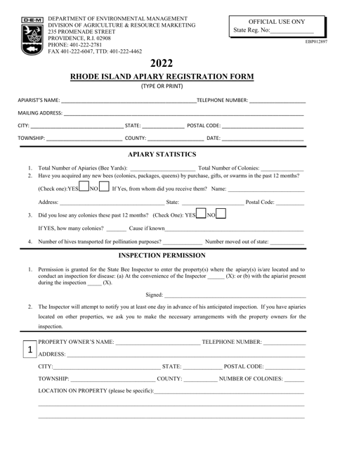 Rhode Island Apiary Registration Form - Rhode Island, 2022