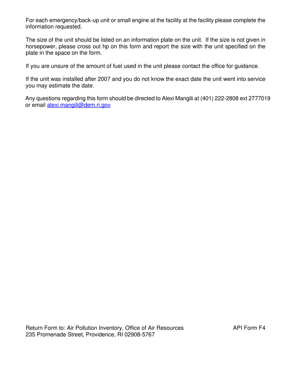 API Form F4 Emergency / Back-Up Generators Small Engines - Rhode Island, Page 2