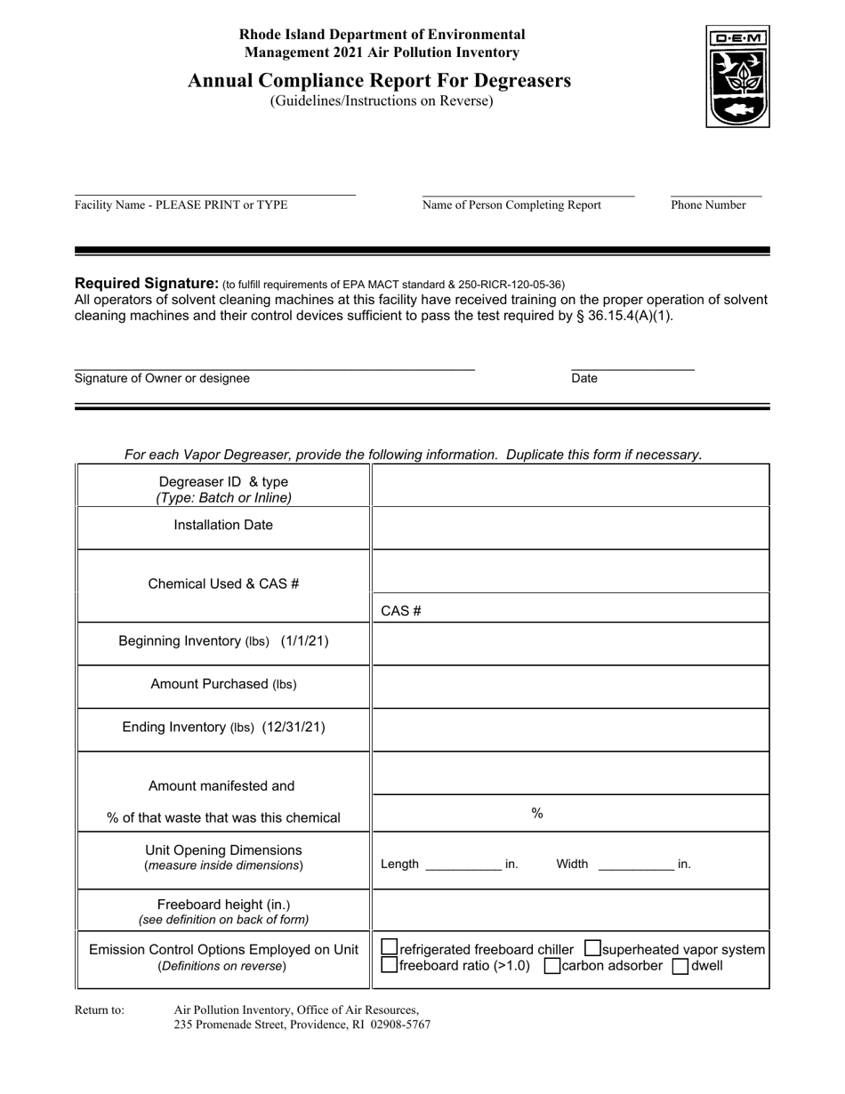 API Form M2 Annual Compliance Report for Degreasers - Rhode Island, Page 1