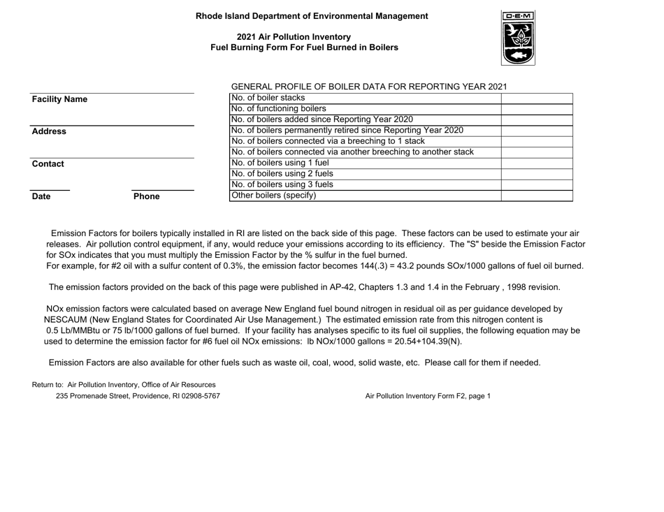 API Form F2 Fuel Burning Form for Fuel Burned in Boilers - Rhode Island, Page 1