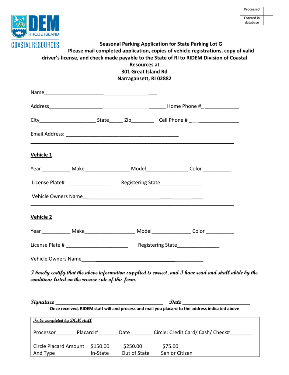 Rhode Island Seasonal Parking Application for State Parking Lot G Download Printable PDF