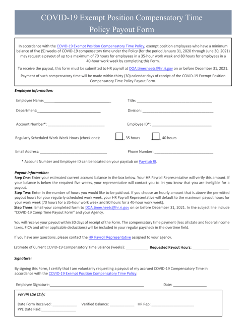 Covid-19 Exempt Position Compensatory Time Policy Payout Form - Rhode Island Download Pdf