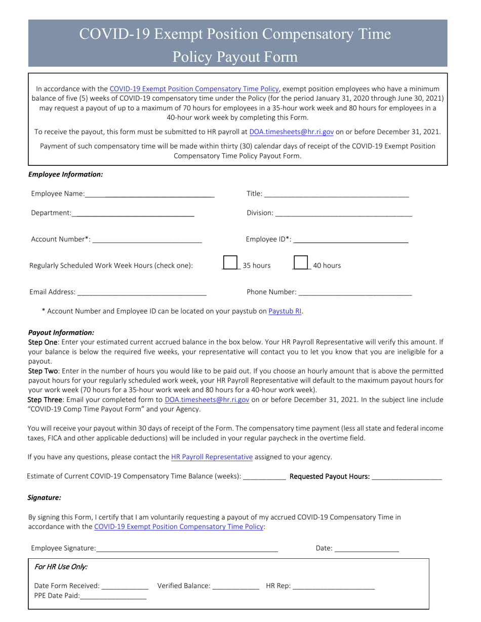 Covid-19 Exempt Position Compensatory Time Policy Payout Form - Rhode Island, Page 1