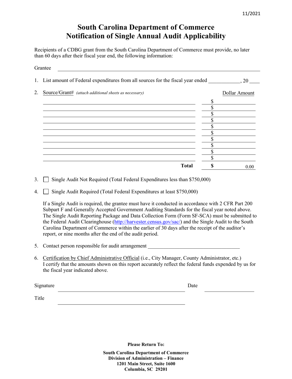 Notification of Single Annual Audit Applicability - South Carolina, Page 1