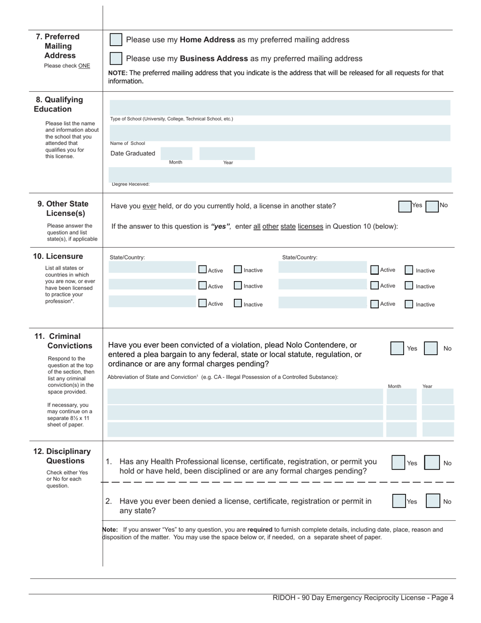 Emergency 90 Day Temporary License Application - Rhode Island, Page 4