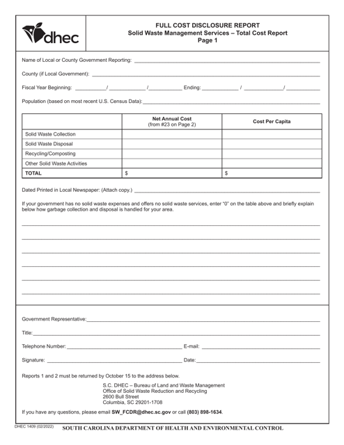 DHEC Form 1409  Printable Pdf