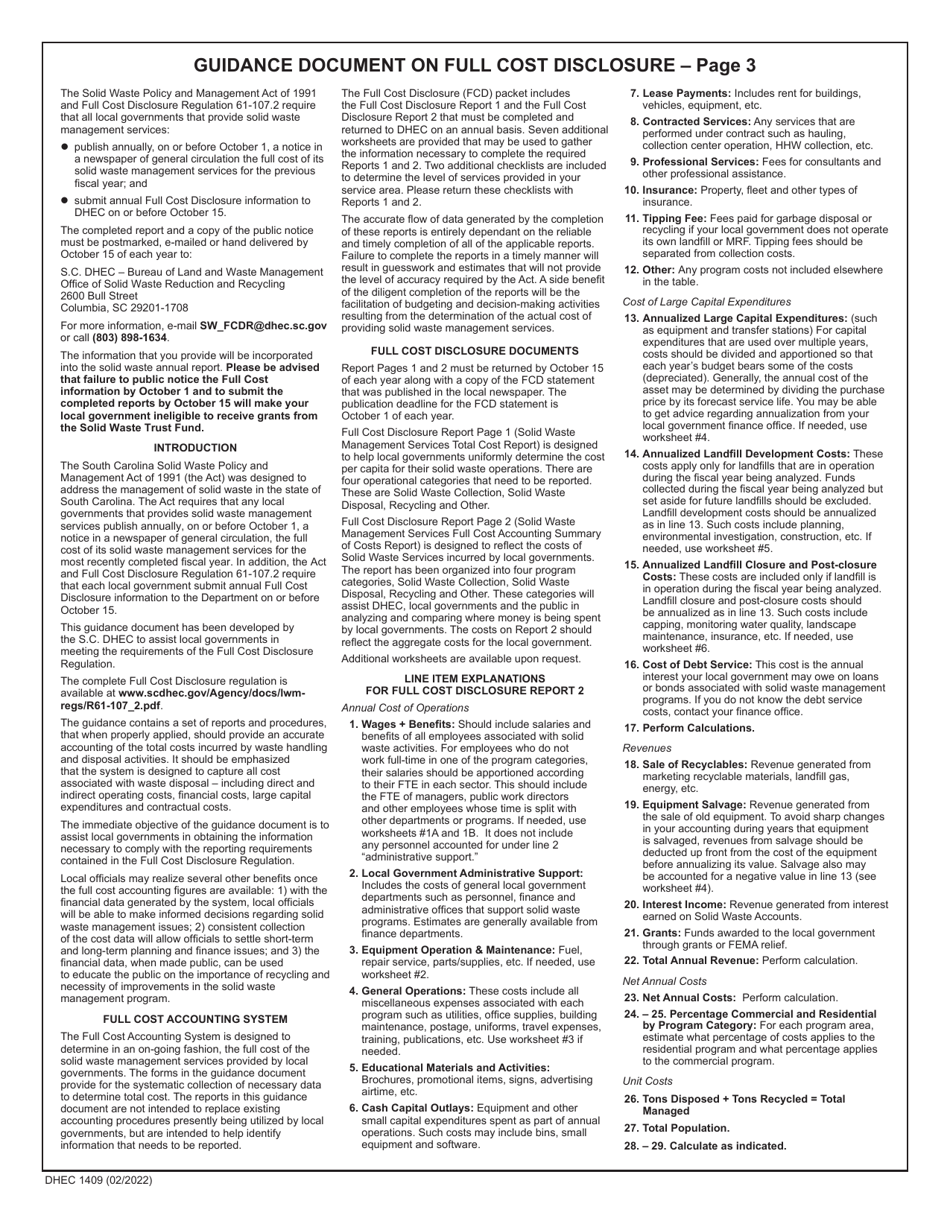 DHEC Form 1409 Local Government Full Cost Disclosure Report - South Carolina, Page 3