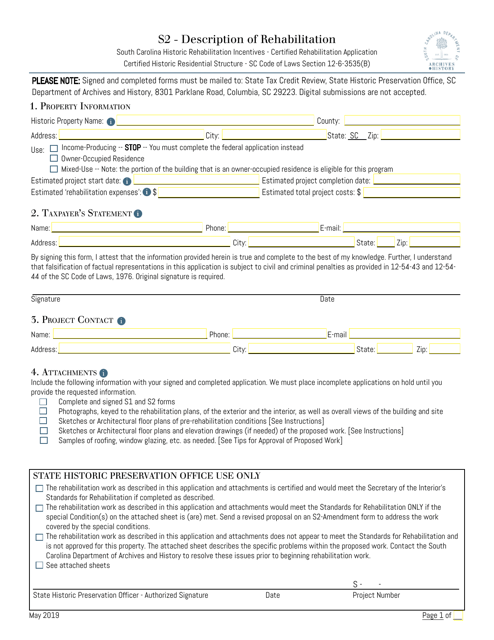 Form S2 Certified Rehabilitation Application - Description of Rehabilitation - South Carolina