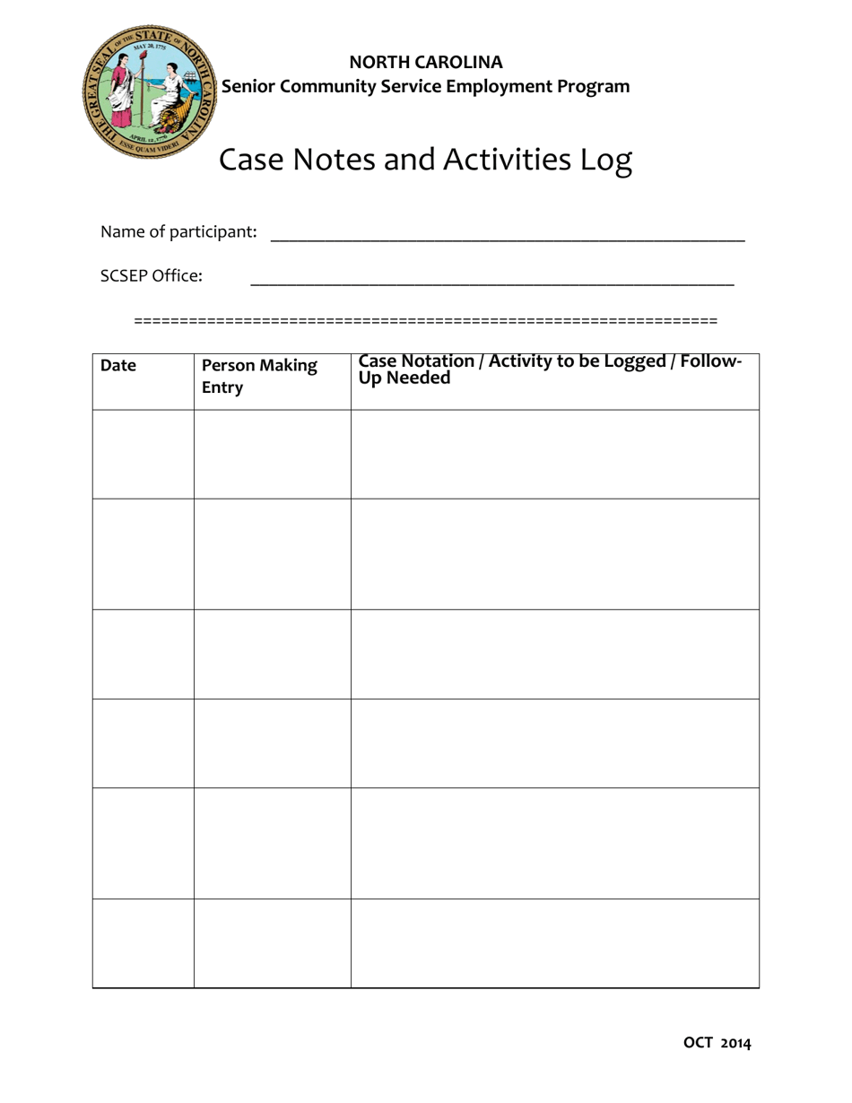 Case Notes and Activities Log - Senior Community Service Employment Program - North Carolina, Page 1