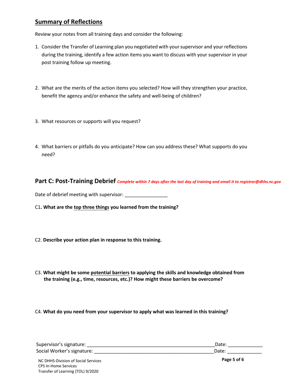 Transfer of Learning Tool (Tol) - in-Home Services in Child Welfare - North Carolina, Page 5
