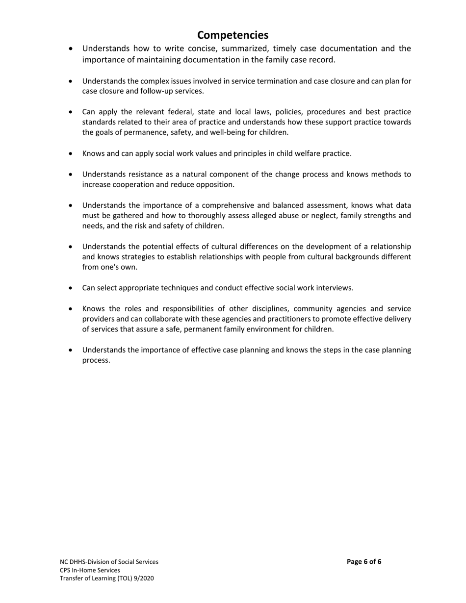 Transfer of Learning Tool (Tol) - in-Home Services in Child Welfare - North Carolina, Page 6
