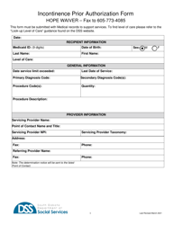 Form PA-109 Prior Authorization Form - Incontinence Supply Hope Waiver - South Dakota