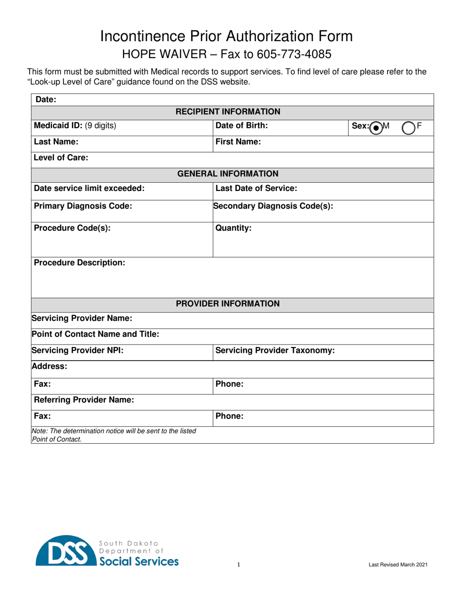 Form PA-109 Prior Authorization Form - Incontinence Supply Hope Waiver - South Dakota, Page 1