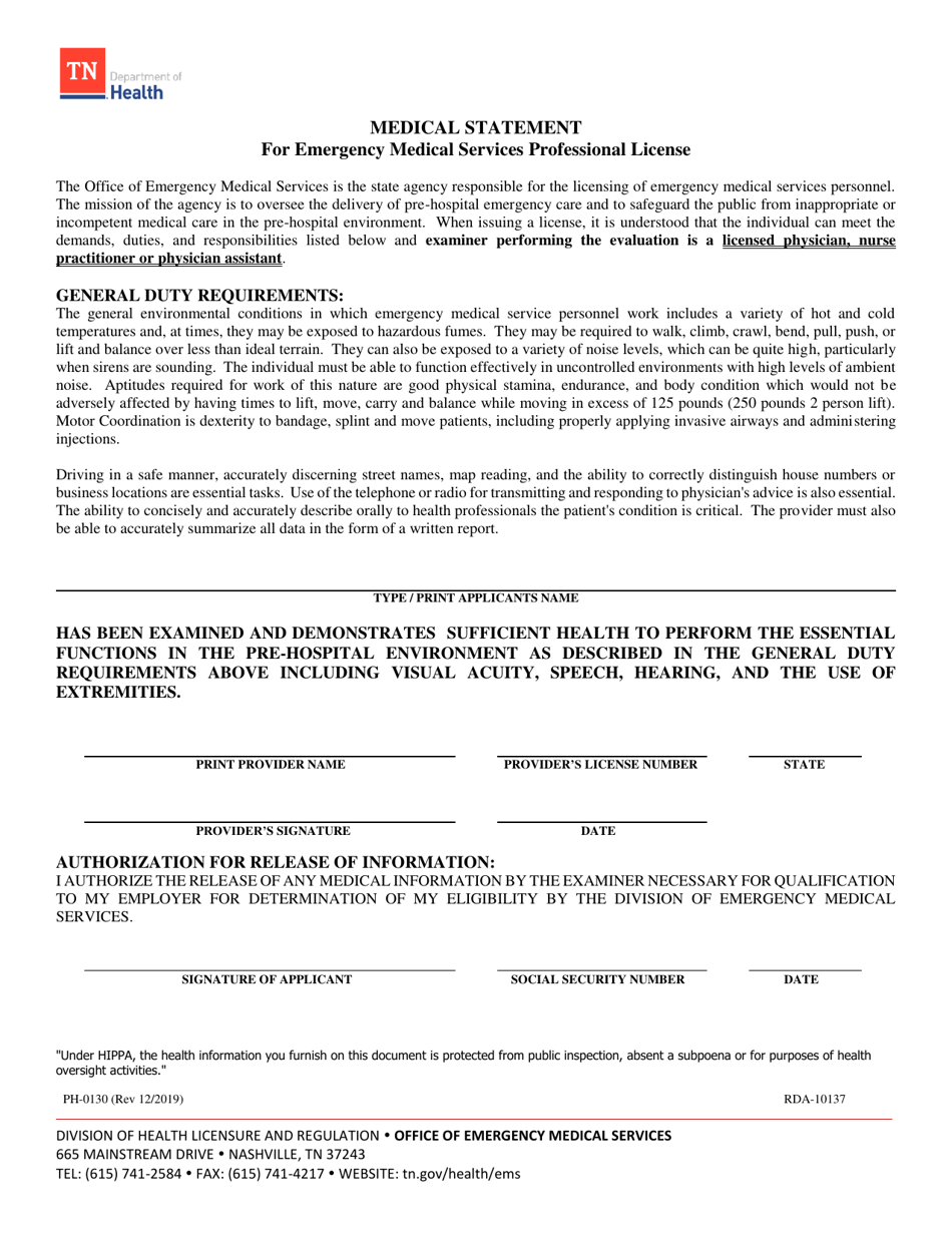 Form PH-0130 Medical Statement for Emergency Medical Services Professional License - Tennessee, Page 1