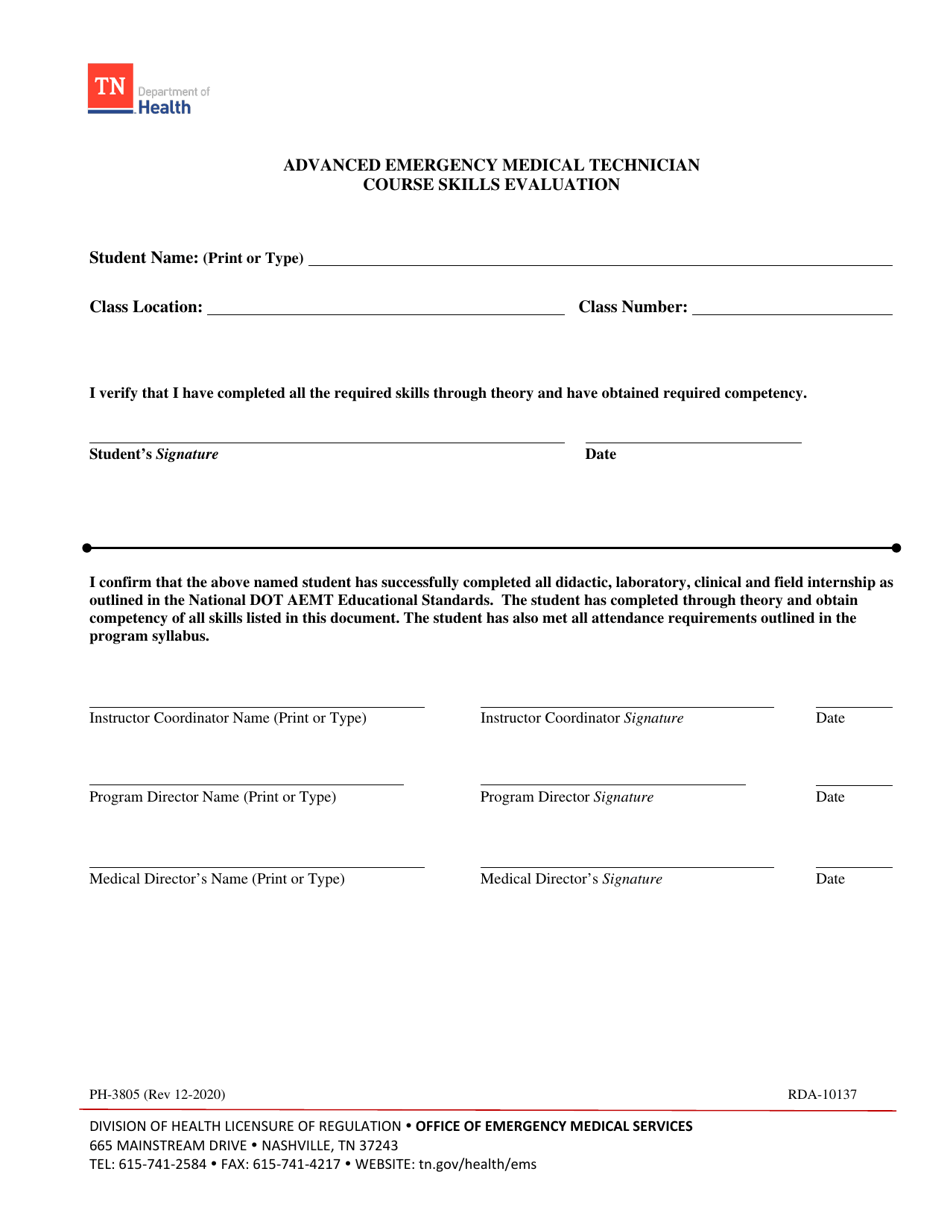 Form PH-3805 Advanced Emergency Medical Technician Course Skills Evaluation - Tennessee, Page 1