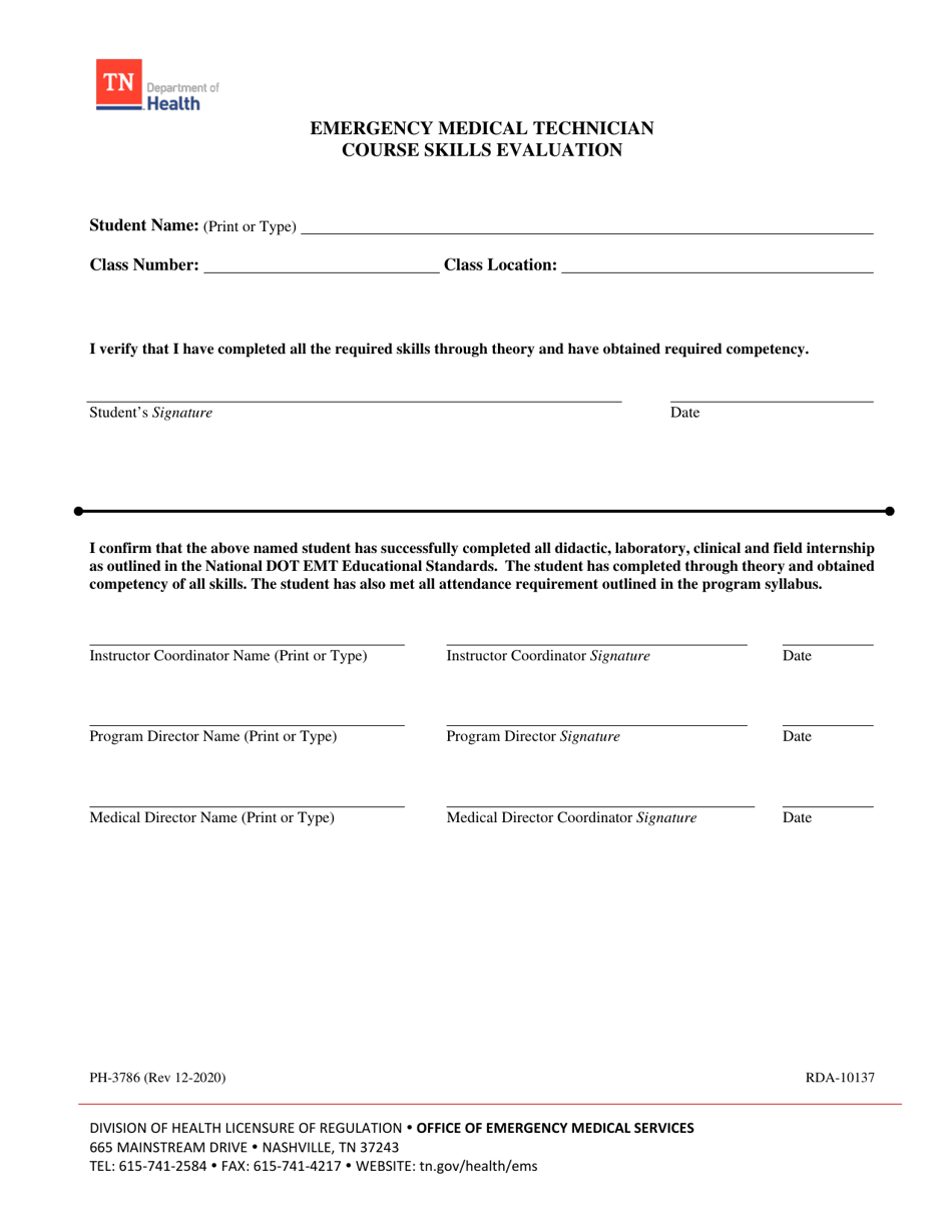 Form PH-3786 Emergency Medical Technician Course Skills Evaluation - Tennessee, Page 1