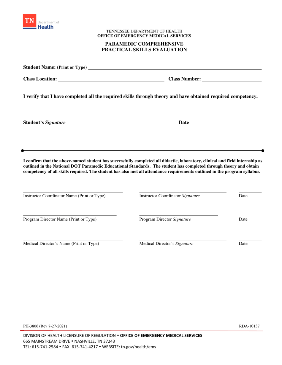 Form PH-3806 Paramedic Comprehensive Practical Skills Evaluation - Tennessee, Page 1