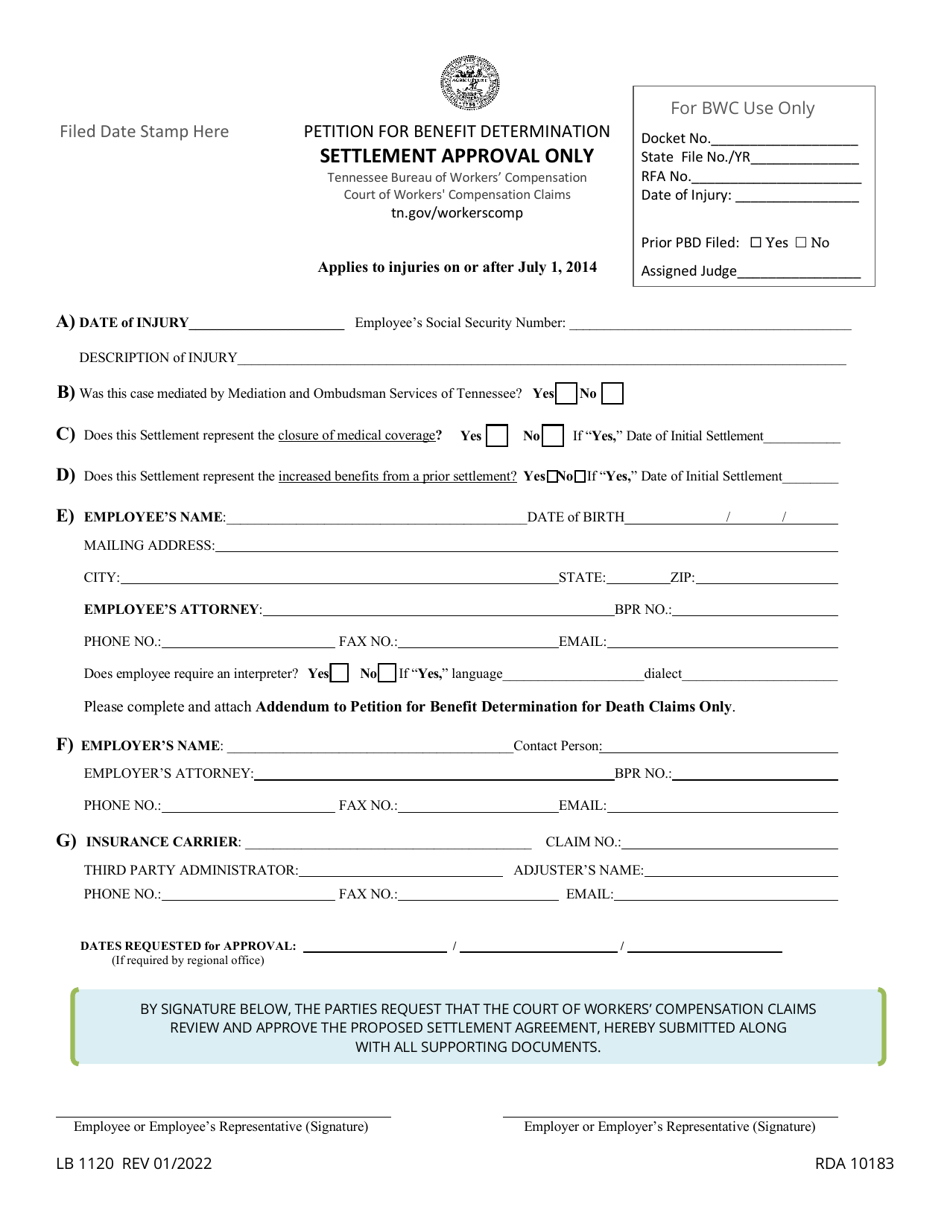 Form LB1120 Petition for Benefit Determination - Settlement Approval Only - Tennessee, Page 1