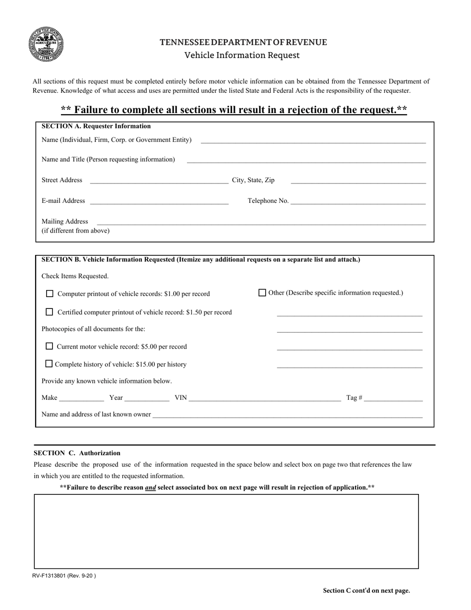 Form RV-F1313801 Vehicle Information Request - Tennessee, Page 1
