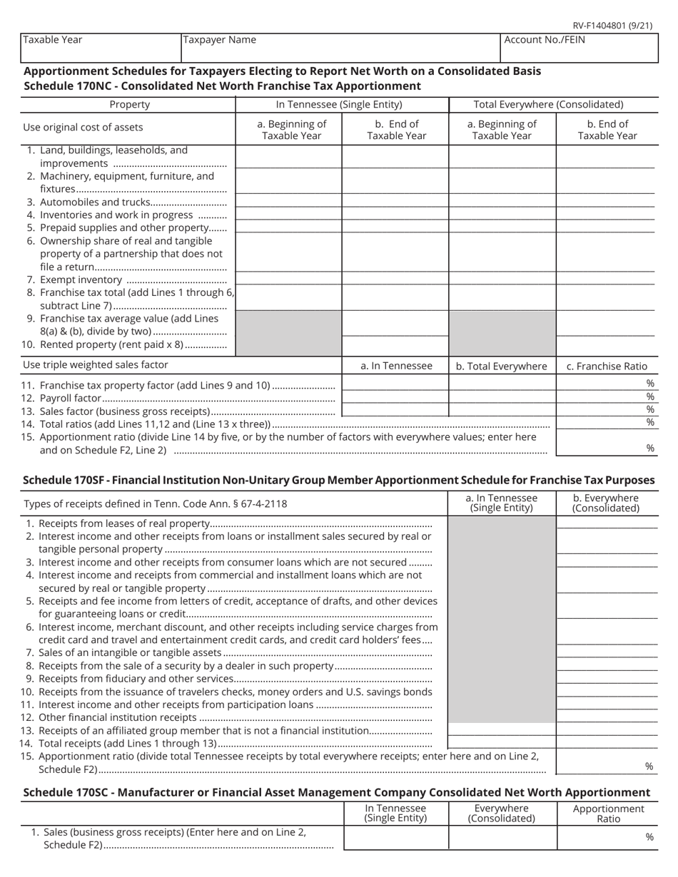 Form RV-F1404801 Schedule 170NC, 170SC, 170SF Apportionment Schedules for Taxpayers Electing to Report Net Worth on a Consolidated Basis - Tennessee, Page 1