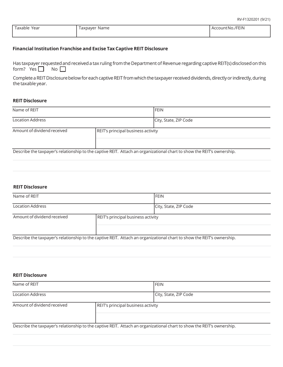 Form RV-F1320201 Financial Institution Franchise and Excise Tax Captive Reit Disclosure - Tennessee, Page 1