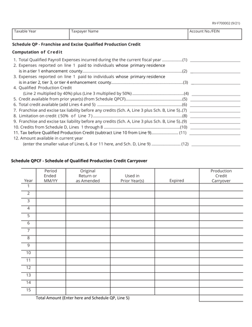 Form RV-F700002 Schedule QP, QPCF  Printable Pdf