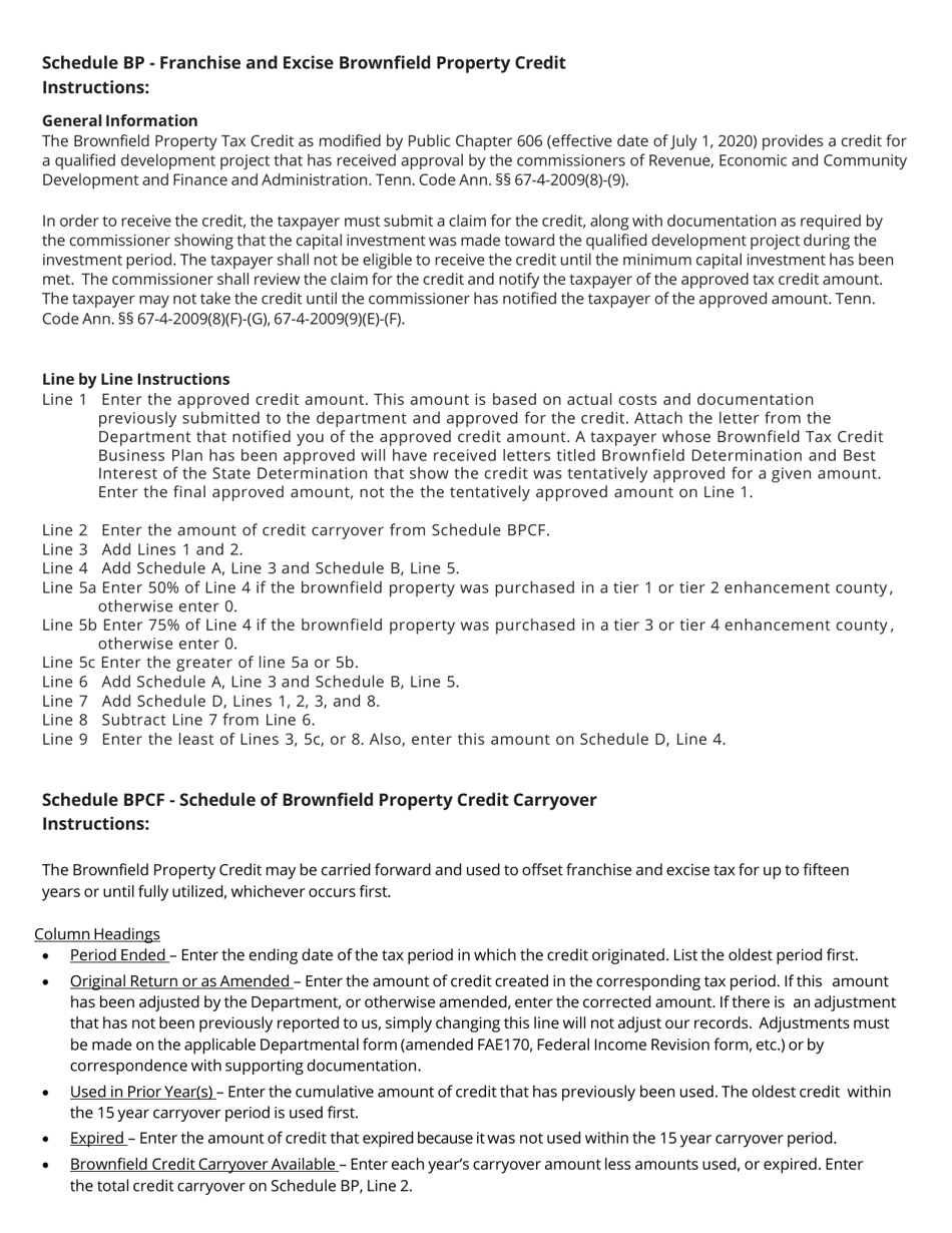 Form RV-F700003 Schedule BP, BPCF Franchise and Excise Brownfield Property Credit, Brownfield Property Credit Carryover - Tennessee, Page 2