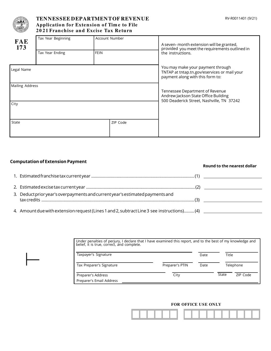 Form FAE173 (RV-R0011401) Application for Extension of Time to File Franchise and Excise Tax Return - Tennessee, Page 1