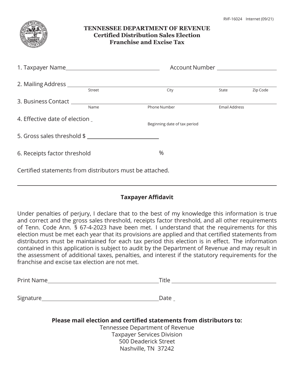 Form RVF-16024 Certified Distribution Sales Election Franchise and Excise Tax - Tennessee, Page 1