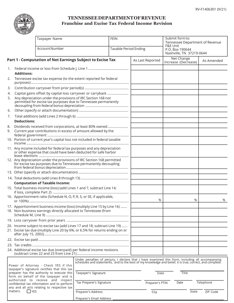 Form RV-F1406301 Franchise and Excise Tax Federal Income Revision - Tennessee, Page 1