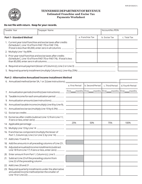 Form RVR-00104 Estimated Franchise and Excise Tax Payments Worksheet - Tennessee
