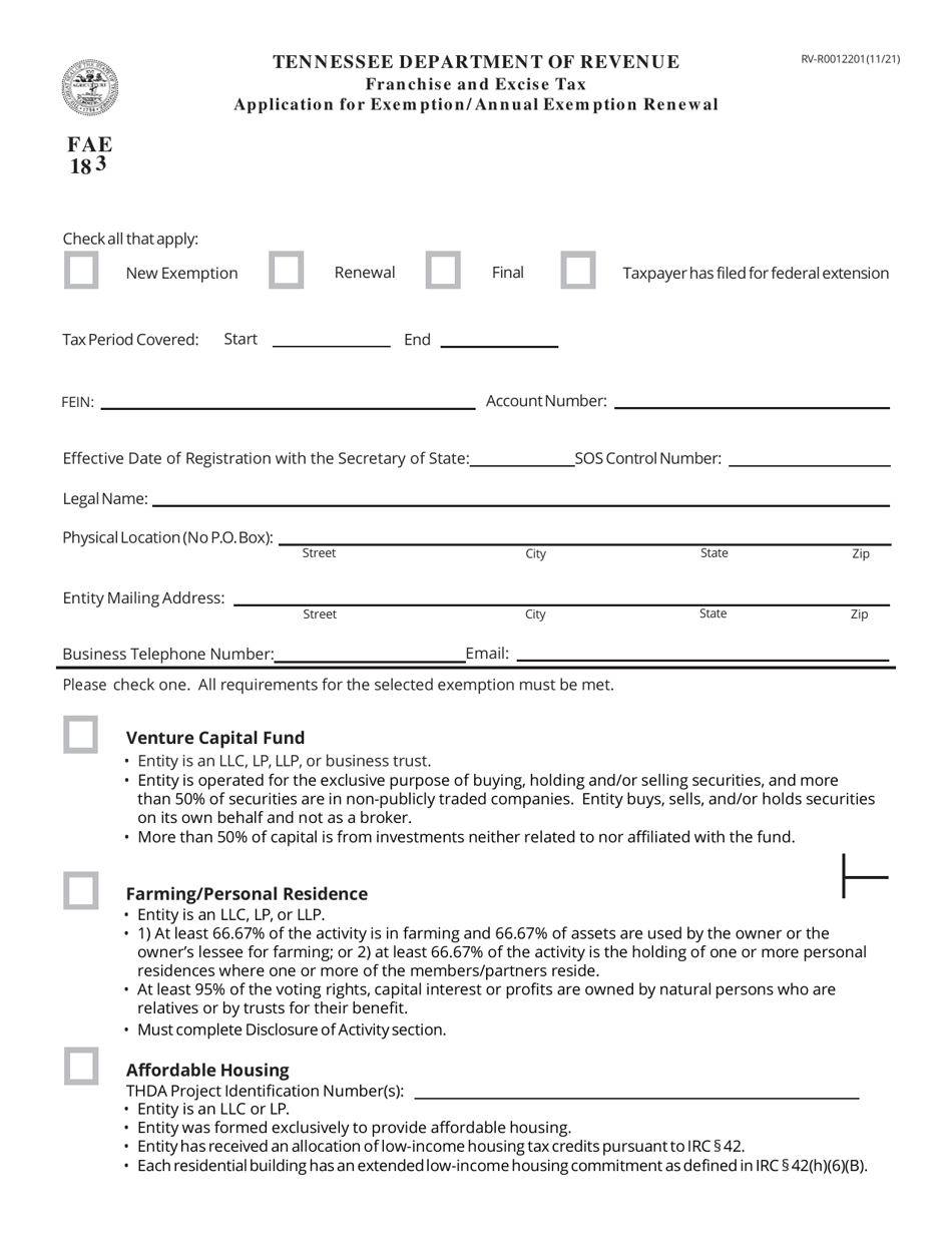 Form FAE183 (RV-R0012201) Application for Exemption / Annual Exemption Renewal - Tennessee, Page 1