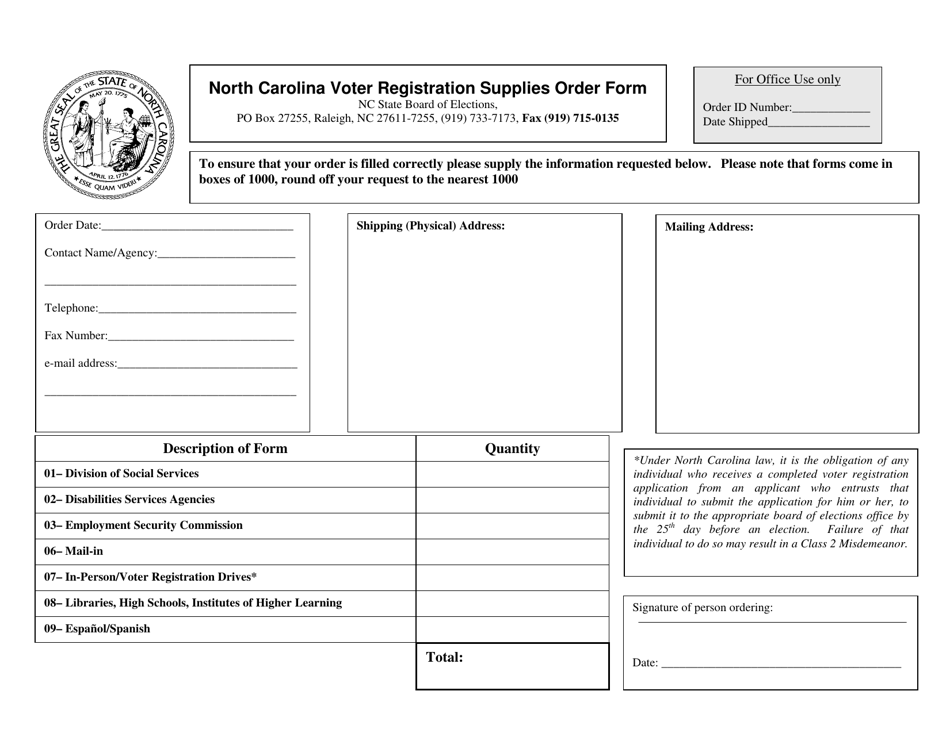 North Carolina Voter Registration Supplies Order Form - North Carolina, Page 1