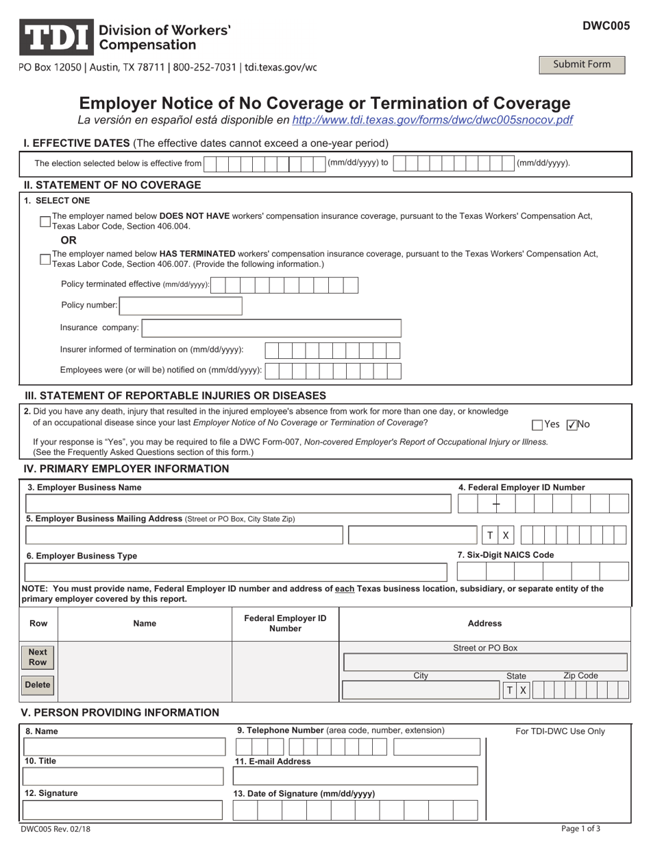Form DWC005 Employer Notice of No Coverage or Termination of Coverage - Texas, Page 1