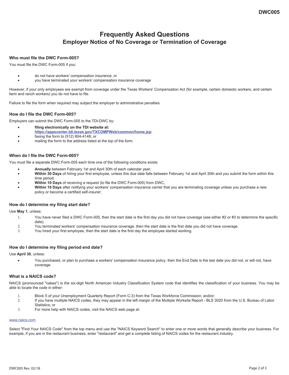 Form DWC005 - Fill Out, Sign Online and Download Fillable PDF, Texas ...