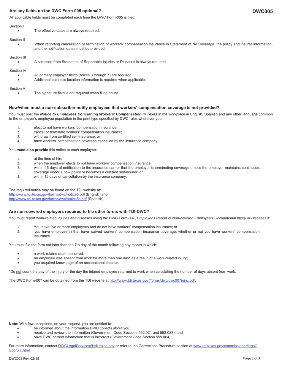 Form DWC005 - Fill Out, Sign Online and Download Fillable PDF, Texas ...