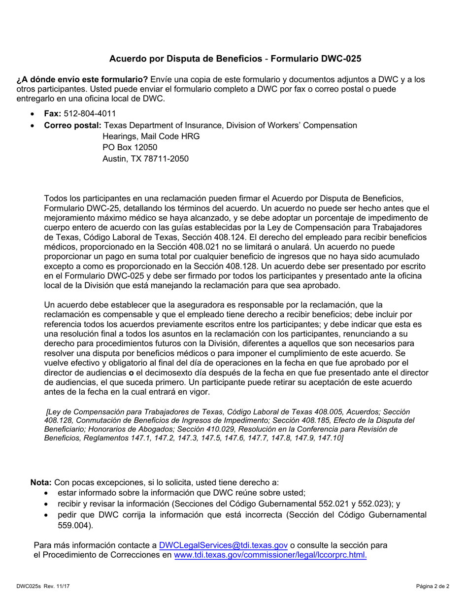 Formulario DWC025S Acuerdo Por Disputa De Beneficios - Texas (Spanish), Page 2