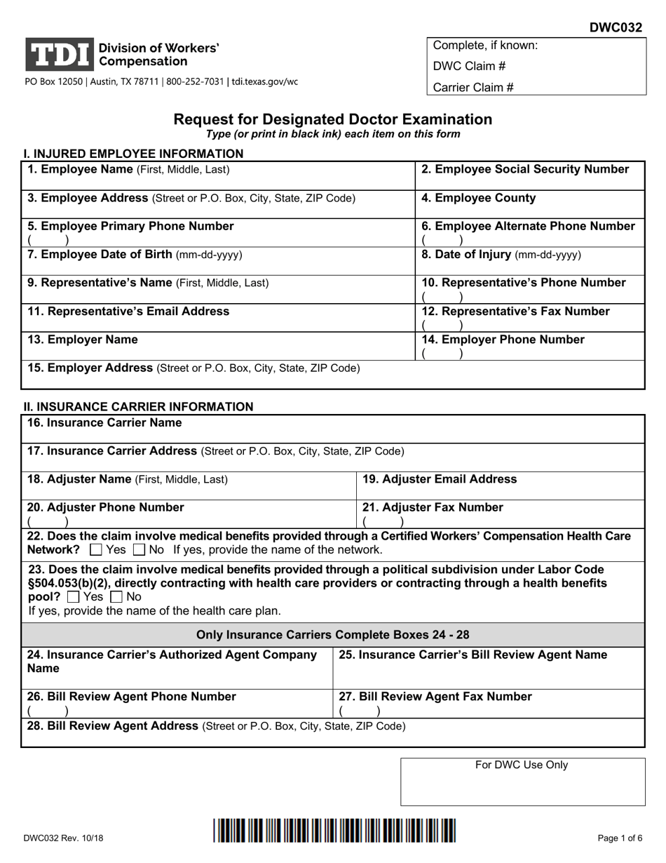Form DWC032 Request for Designated Doctor Examination - Texas, Page 1