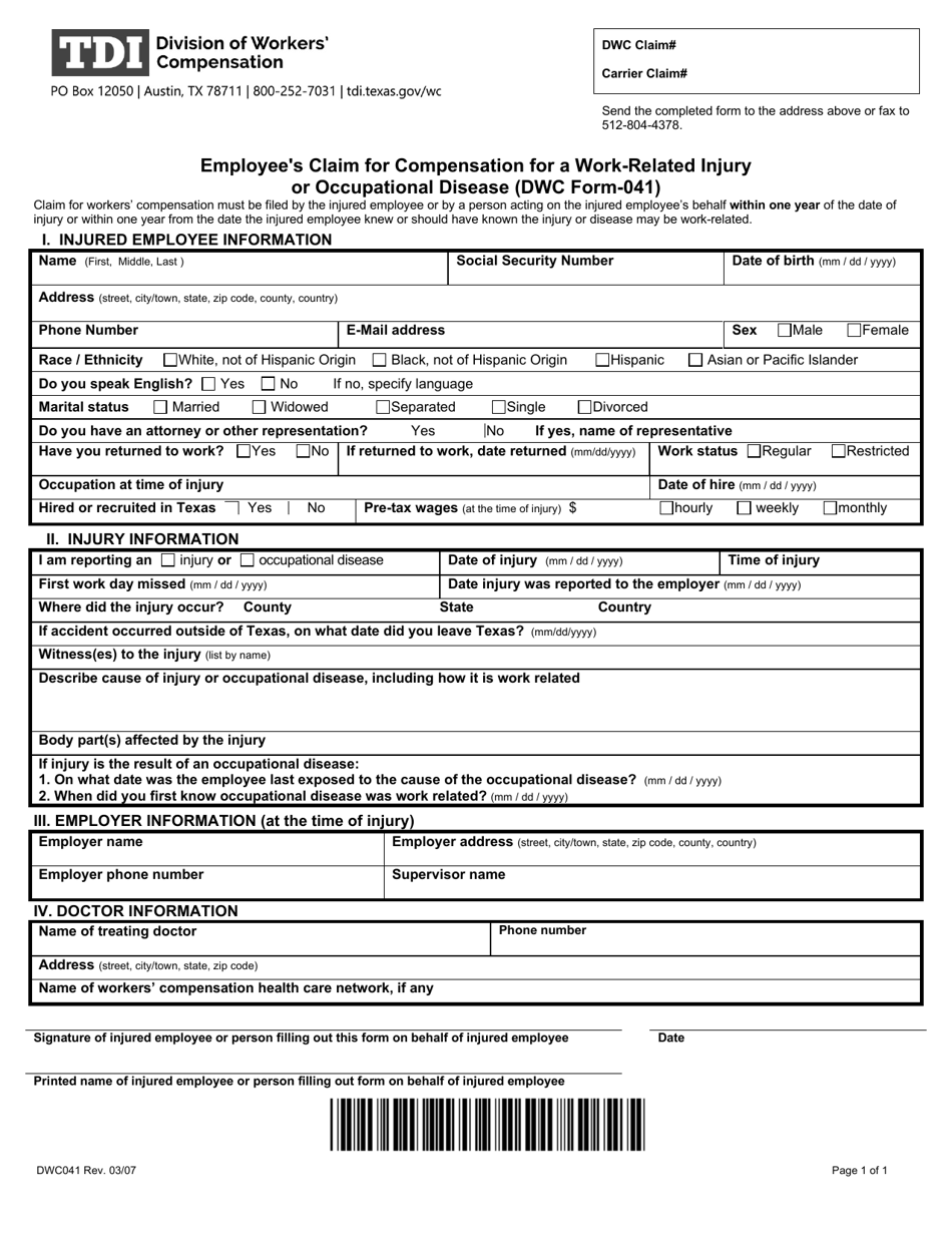 Form DWC041 Employee's Claim for Compensation for a Work-Related Injury or Occupational Disease - Texas, Page 1