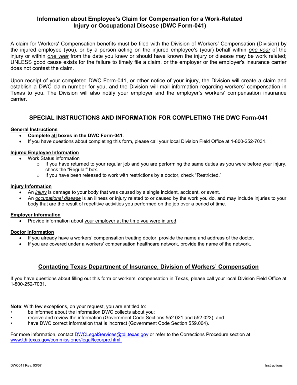 Form DWC041 Employees Claim for Compensation for a Work-Related Injury or Occupational Disease - Texas, Page 2