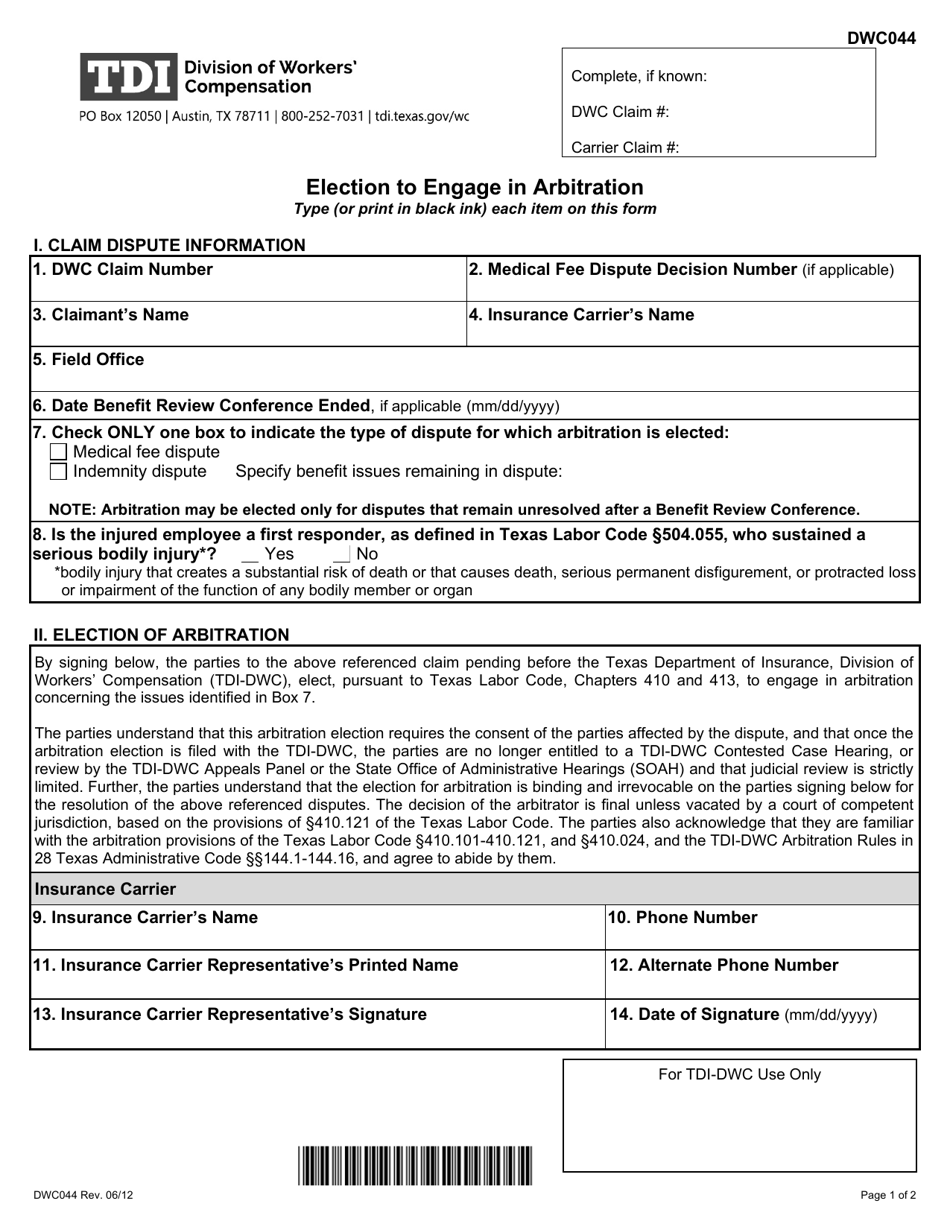 Form DWC044 Election to Engage in Arbitration - Texas, Page 1