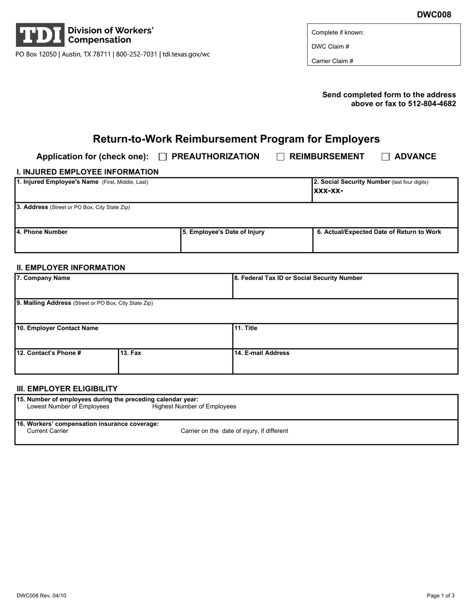Form DWC008 Return-To-Work Reimbursement Program for Employers - Texas, Page 1