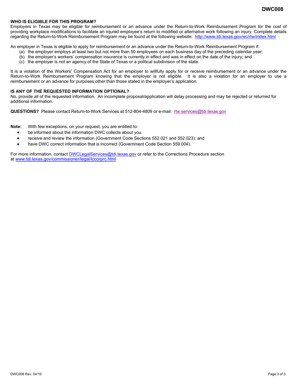 Form DWC008 Return-To-Work Reimbursement Program for Employers - Texas, Page 3