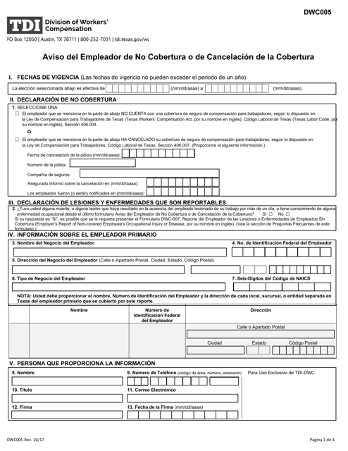 Formulario DWC005S Aviso Del Empleador De No Cobertura O De Cancelacion De La Cobertura - Texas (Spanish)