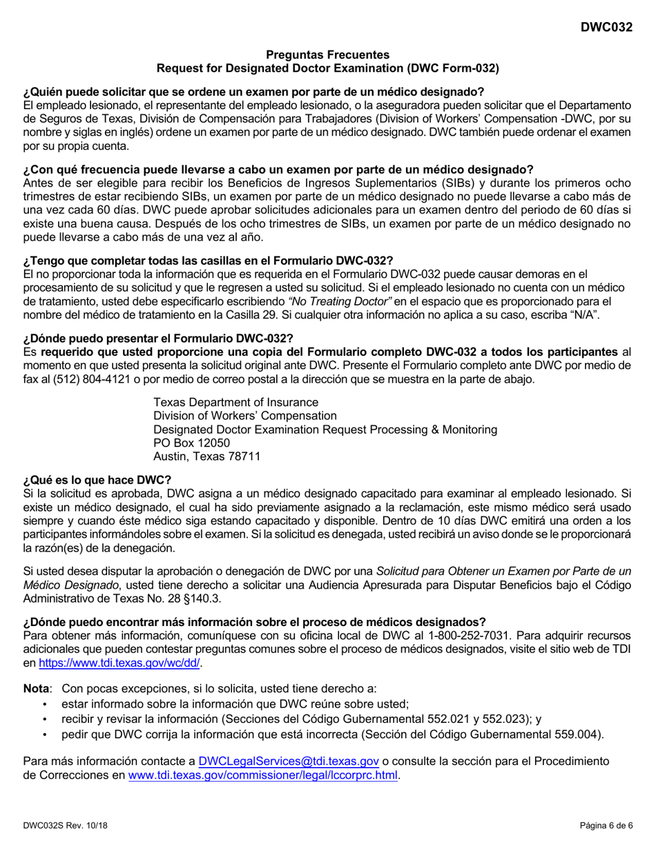 Formulario DWC032S Solicitud Para Obtener Un Examen Por Parte De Un Medico Designado - Texas (Spanish), Page 6