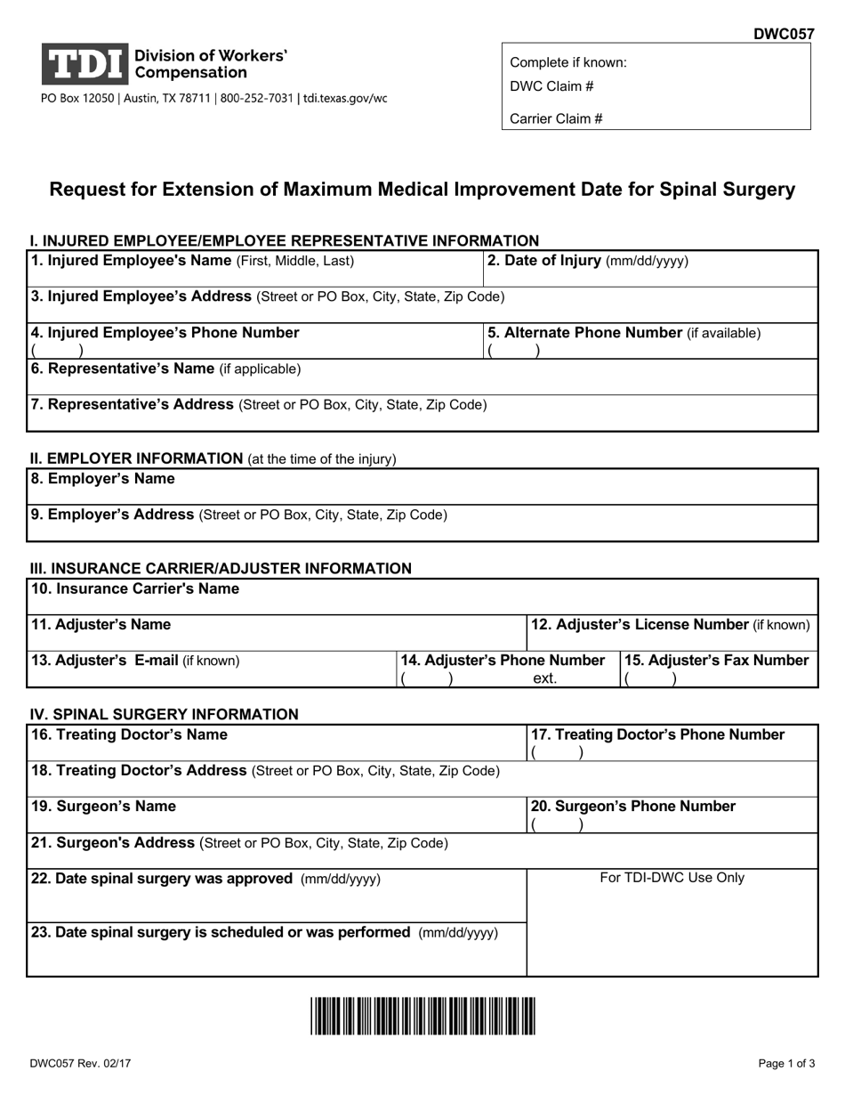 Form DWC057 Request for Extension of Maximum Medical Improvement Date for Spinal Surgery - Texas, Page 1