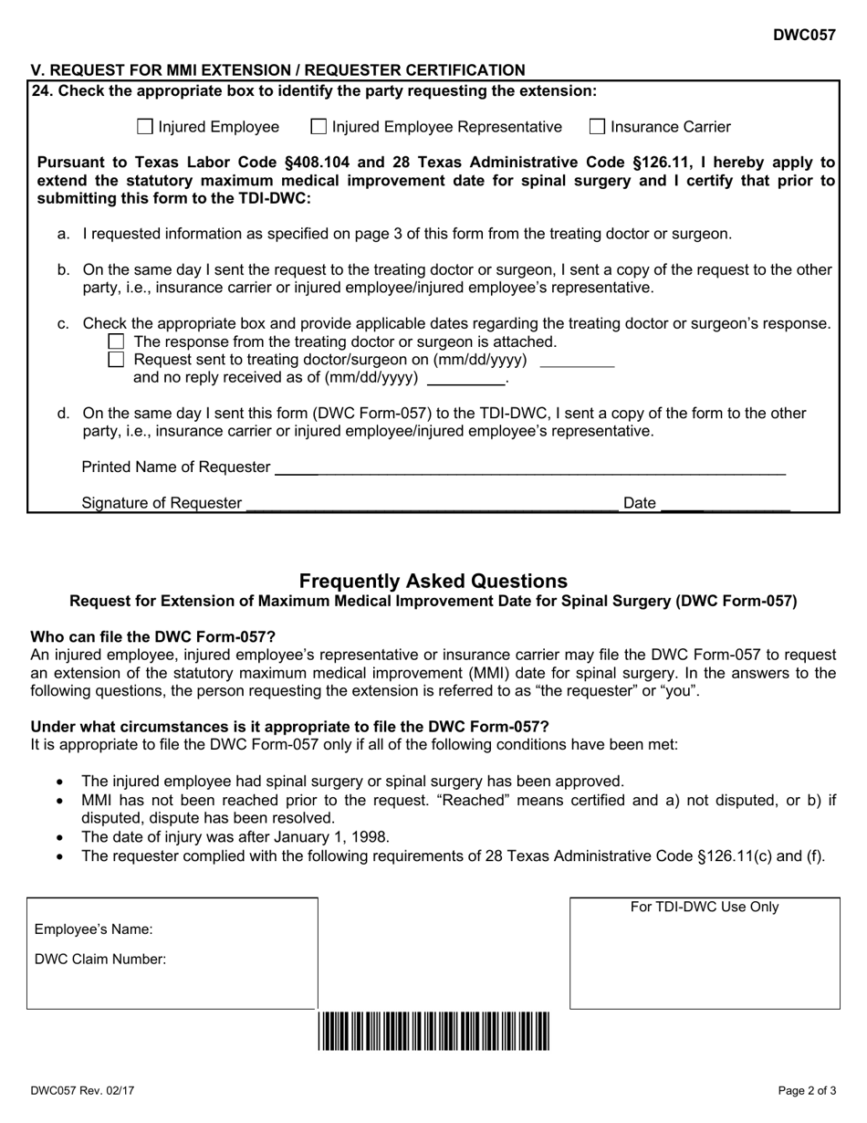 Form DWC057 Request for Extension of Maximum Medical Improvement Date for Spinal Surgery - Texas, Page 2