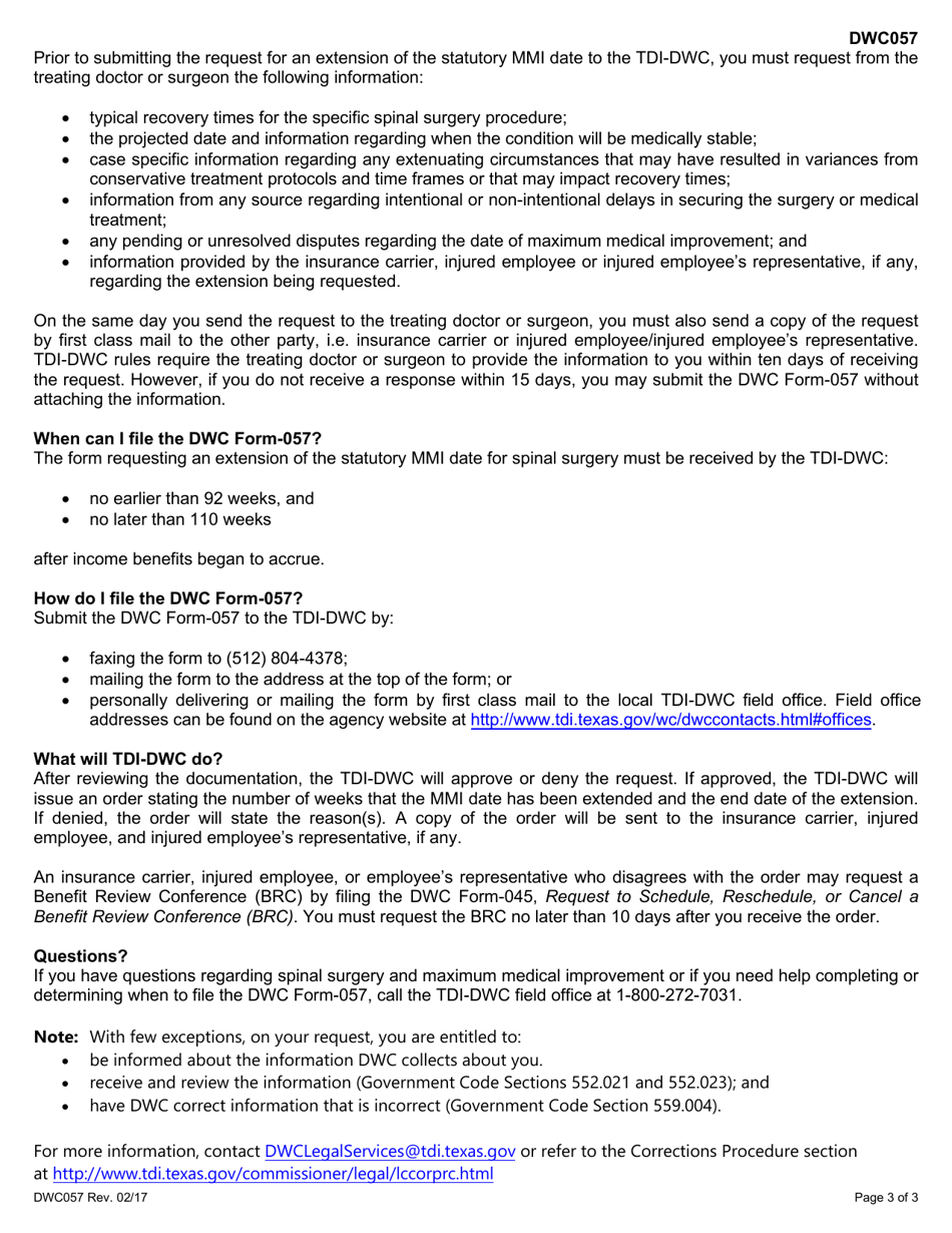 Form DWC057 Request for Extension of Maximum Medical Improvement Date for Spinal Surgery - Texas, Page 3